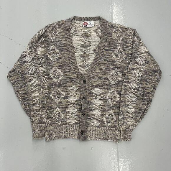 Vintage 90s Isle of Cotton Beige Pattern Cardigan - Picture 1 of 3